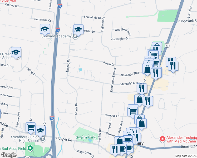 map of restaurants, bars, coffee shops, grocery stores, and more near 9859 Zig Zag Road in Cincinnati