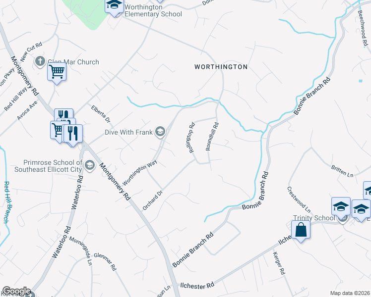 map of restaurants, bars, coffee shops, grocery stores, and more near 4838 Rollingtop Road in Ellicott City