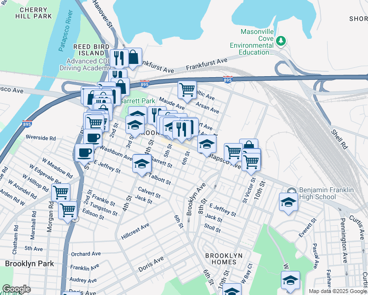 map of restaurants, bars, coffee shops, grocery stores, and more near 533 East Patapsco Avenue in Baltimore