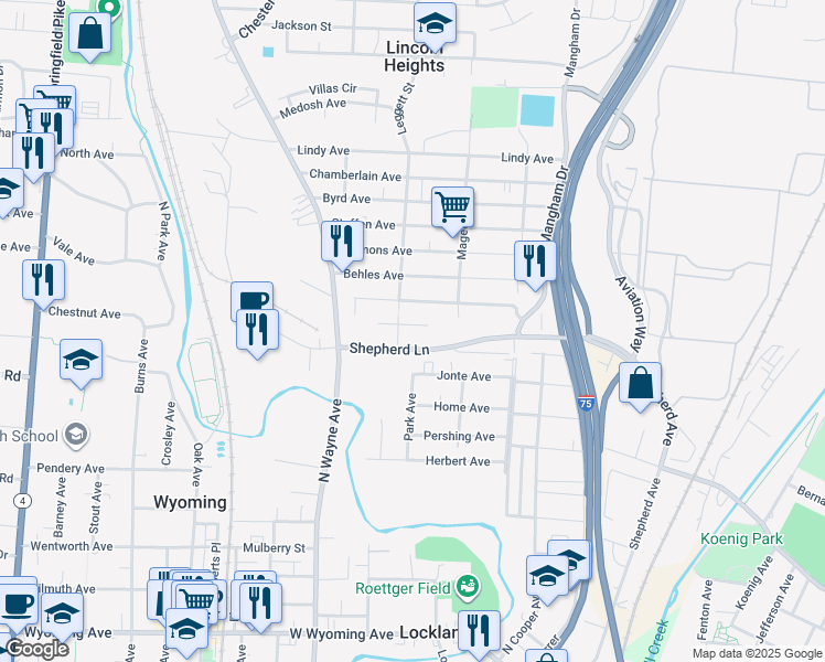 map of restaurants, bars, coffee shops, grocery stores, and more near 1067 Schumard Avenue in Cincinnati