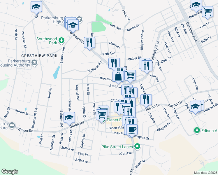 map of restaurants, bars, coffee shops, grocery stores, and more near 2606 Broadway Exd in Parkersburg