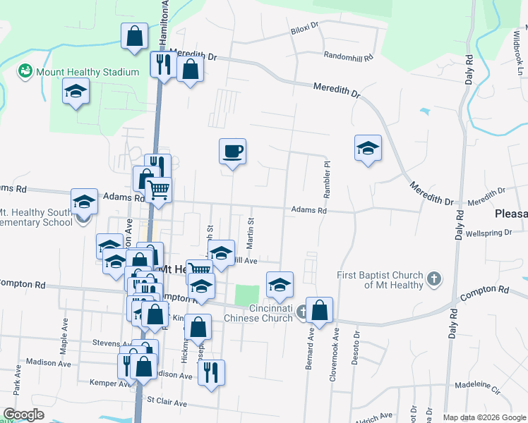 map of restaurants, bars, coffee shops, grocery stores, and more near 1466 Adams Road in Cincinnati