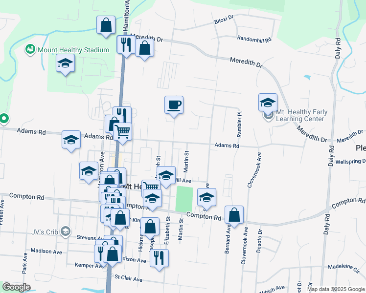 map of restaurants, bars, coffee shops, grocery stores, and more near 1466 Adams Road in Cincinnati