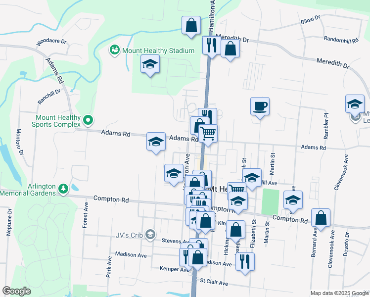 map of restaurants, bars, coffee shops, grocery stores, and more near in Mount Healthy