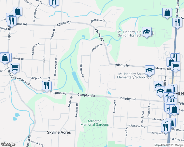 map of restaurants, bars, coffee shops, grocery stores, and more near 9193 Ranchill Drive in Cincinnati