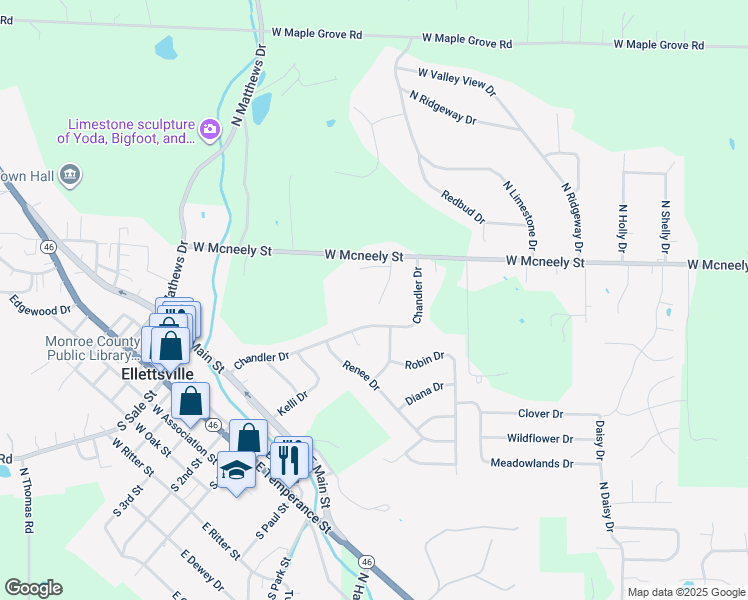 map of restaurants, bars, coffee shops, grocery stores, and more near 5713 Vinca Court in Ellettsville