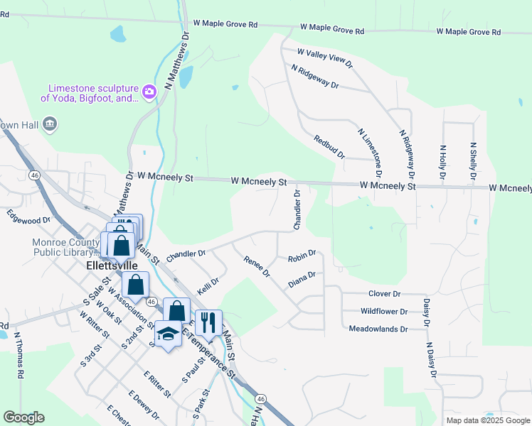 map of restaurants, bars, coffee shops, grocery stores, and more near 5713 Vinca Court in Ellettsville