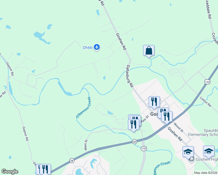 map of restaurants, bars, coffee shops, grocery stores, and more near 1775 East Huntley Road in Goshen
