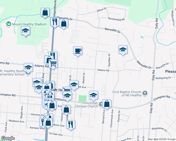 map of restaurants, bars, coffee shops, grocery stores, and more near 1466 Adams Road in Cincinnati