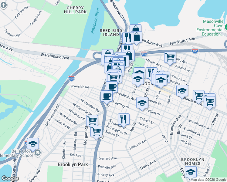 map of restaurants, bars, coffee shops, grocery stores, and more near S Hanover St & Washburn Ave in Baltimore