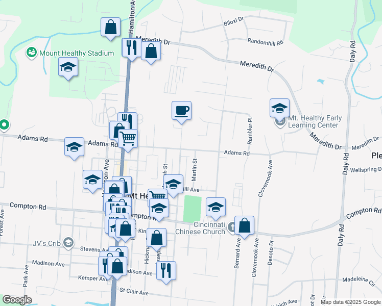 map of restaurants, bars, coffee shops, grocery stores, and more near 1481 Adams Road in Cincinnati