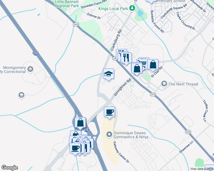 map of restaurants, bars, coffee shops, grocery stores, and more near 13530 Redgrave Place in Clarksburg