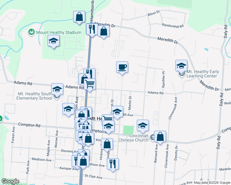 map of restaurants, bars, coffee shops, grocery stores, and more near 1536 Adams Road in Mount Healthy