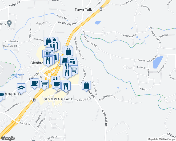 map of restaurants, bars, coffee shops, grocery stores, and more near 841 Old Tunnel Road in Grass Valley