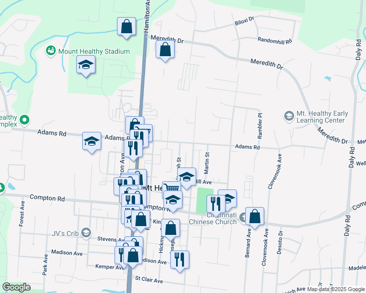 map of restaurants, bars, coffee shops, grocery stores, and more near 1536 Adams Road in Mount Healthy