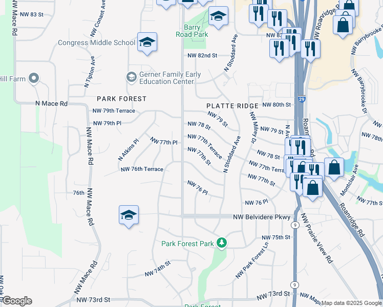 map of restaurants, bars, coffee shops, grocery stores, and more near 7536 Northwest 77th Street in Kansas City