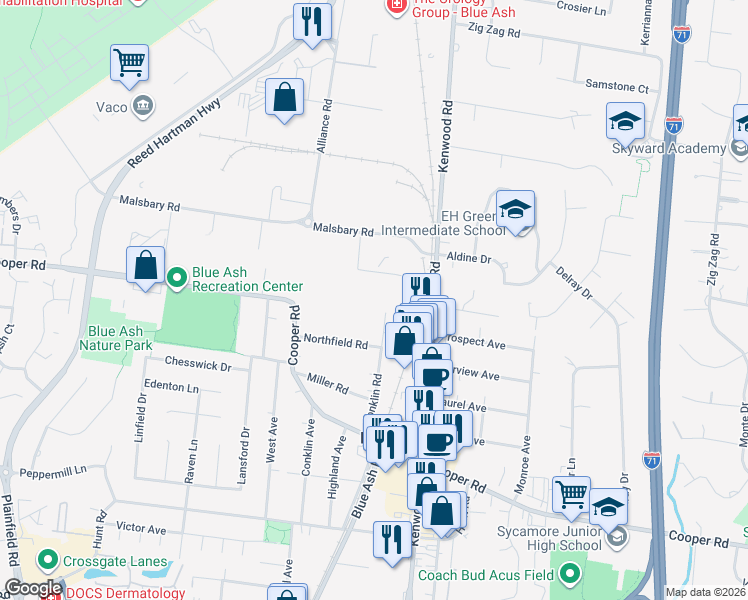 map of restaurants, bars, coffee shops, grocery stores, and more near 9850 Redhill Drive in Cincinnati