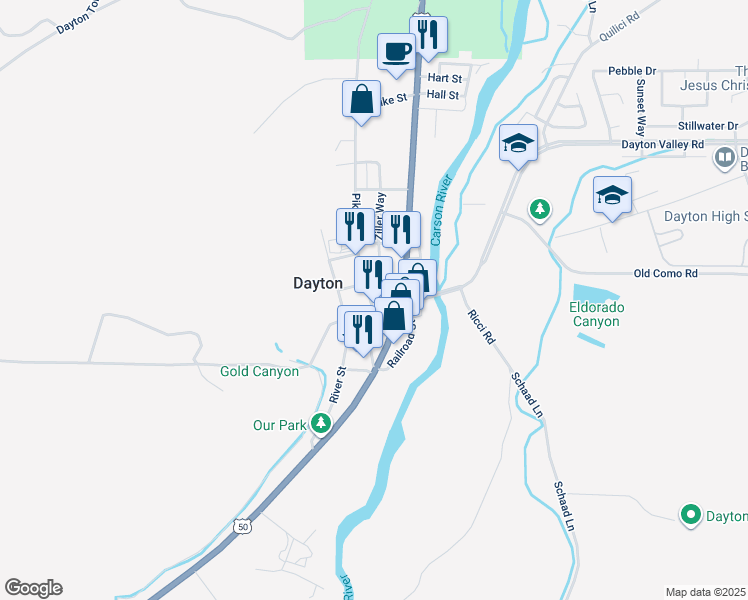 map of restaurants, bars, coffee shops, grocery stores, and more near 90 Main Street in Dayton