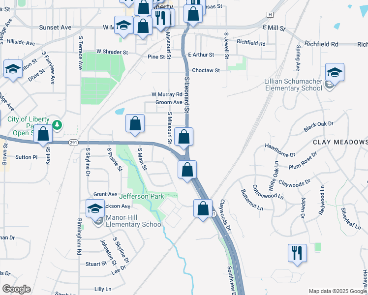 map of restaurants, bars, coffee shops, grocery stores, and more near 718 South Leonard Street in Liberty