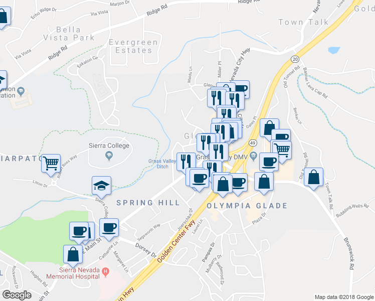 map of restaurants, bars, coffee shops, grocery stores, and more near 246 Glenbrook Drive in Grass Valley