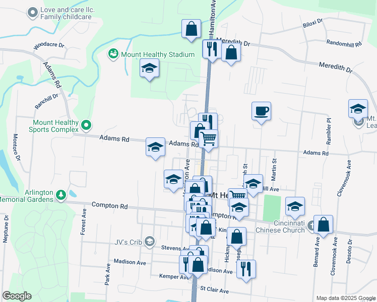 map of restaurants, bars, coffee shops, grocery stores, and more near in Mount Healthy