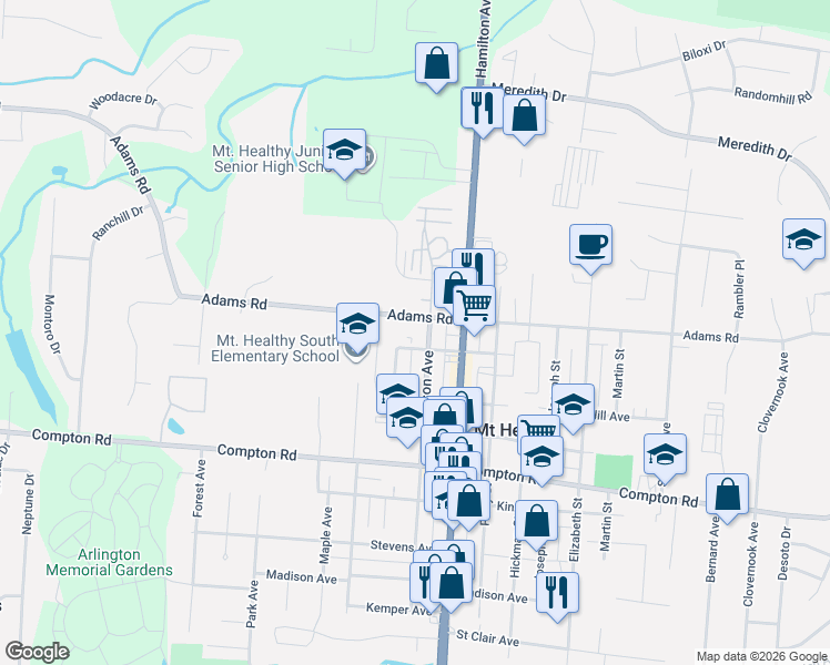 map of restaurants, bars, coffee shops, grocery stores, and more near in Mount Healthy