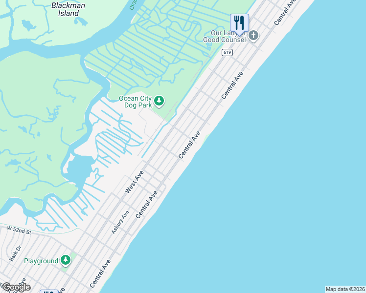 map of restaurants, bars, coffee shops, grocery stores, and more near 4500 Central Avenue in Ocean City