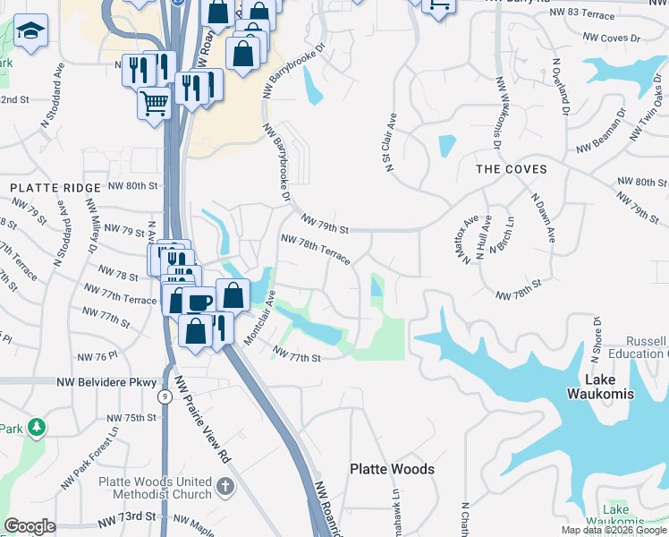 map of restaurants, bars, coffee shops, grocery stores, and more near 6301 Northwest 78th Terrace in Kansas City