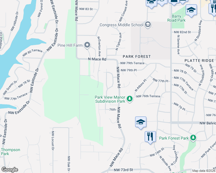 map of restaurants, bars, coffee shops, grocery stores, and more near 8310 Northwest 77th Terrace in Kansas City