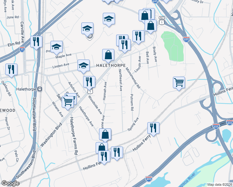 map of restaurants, bars, coffee shops, grocery stores, and more near 4304 Spencer Street in Baltimore County