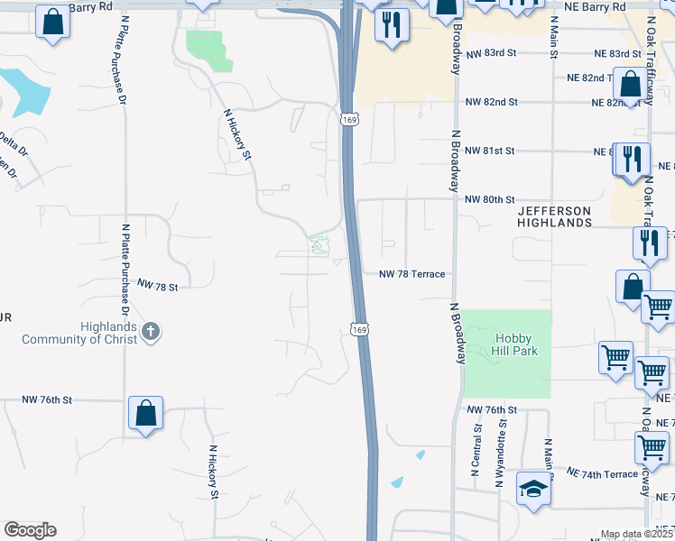map of restaurants, bars, coffee shops, grocery stores, and more near 901 Northwest 79th Street in Kansas City