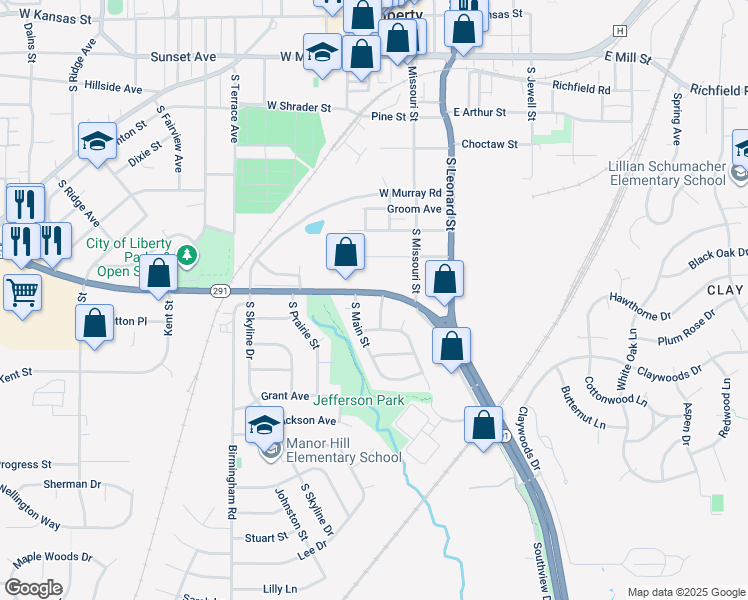 map of restaurants, bars, coffee shops, grocery stores, and more near 2 South Village Drive in Liberty