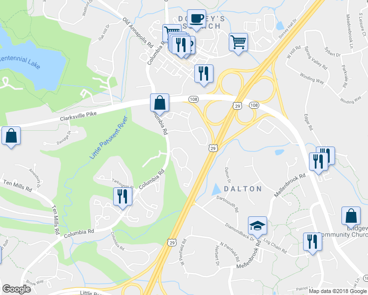 map of restaurants, bars, coffee shops, grocery stores, and more near 5065 Columbia Road in Columbia