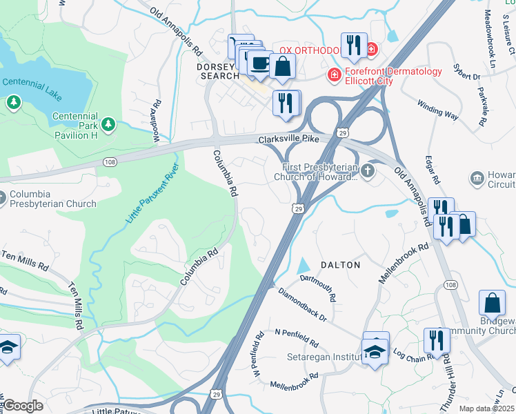 map of restaurants, bars, coffee shops, grocery stores, and more near 5065 Columbia Road in Columbia