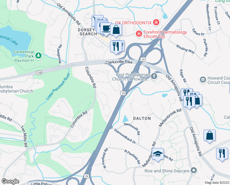 map of restaurants, bars, coffee shops, grocery stores, and more near 5005 Columbia Road in Columbia