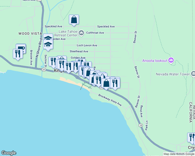 map of restaurants, bars, coffee shops, grocery stores, and more near 8616 Brook Avenue in Kings Beach