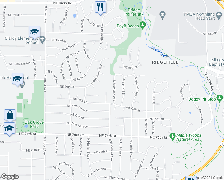 map of restaurants, bars, coffee shops, grocery stores, and more near 7828 North Michigan Avenue in Kansas City