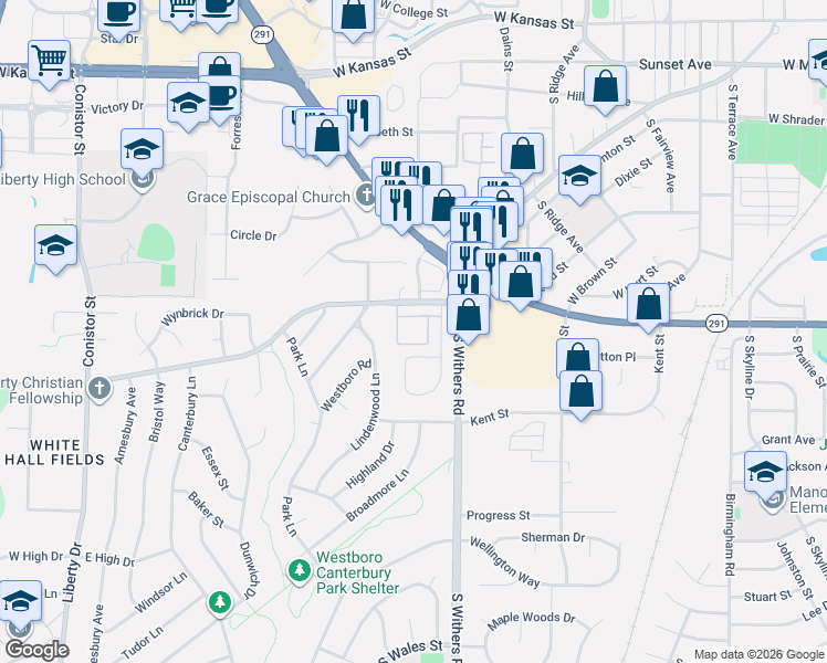 map of restaurants, bars, coffee shops, grocery stores, and more near 73 Fulkerson Circle in Liberty