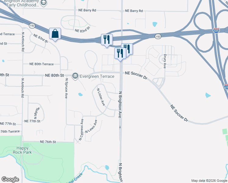 map of restaurants, bars, coffee shops, grocery stores, and more near 7905 North Poplar Court in Kansas City