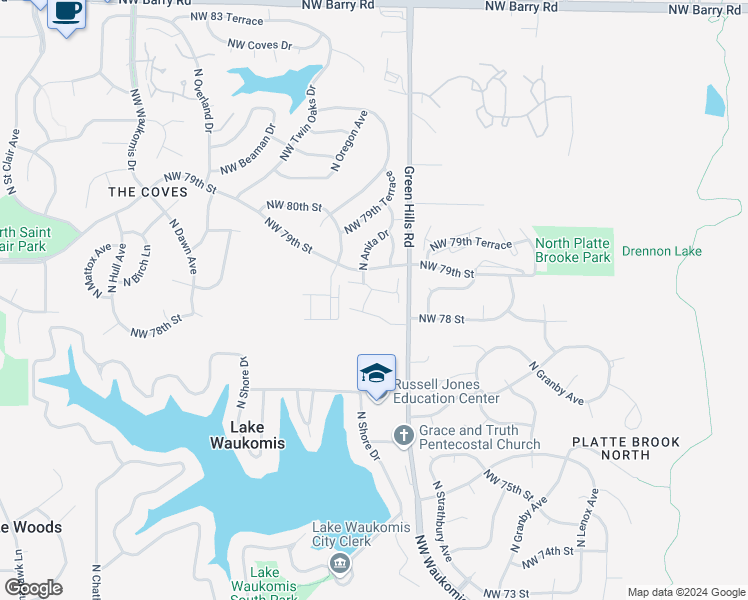 map of restaurants, bars, coffee shops, grocery stores, and more near 4408 Northwest 78th Court in Kansas City