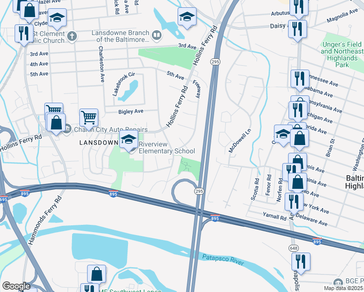 map of restaurants, bars, coffee shops, grocery stores, and more near 2952 Freeway in Baltimore County