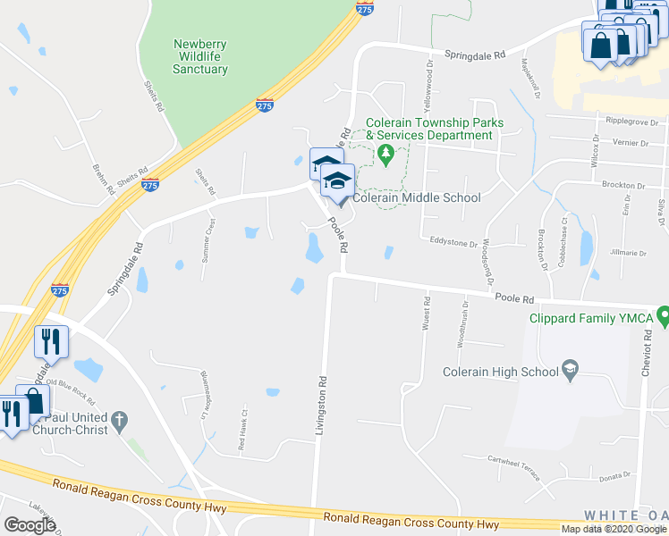 map of restaurants, bars, coffee shops, grocery stores, and more near 4619 Poole Road in Cincinnati