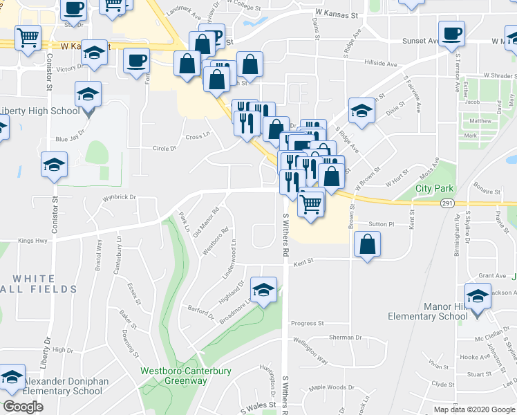 map of restaurants, bars, coffee shops, grocery stores, and more near 73 Fulkerson Circle in Liberty