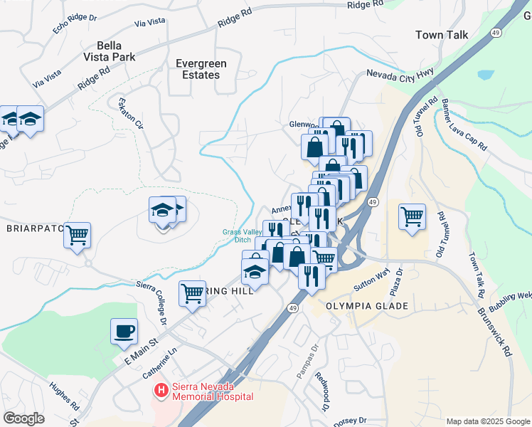 map of restaurants, bars, coffee shops, grocery stores, and more near 246 Glenbrook Drive in Grass Valley