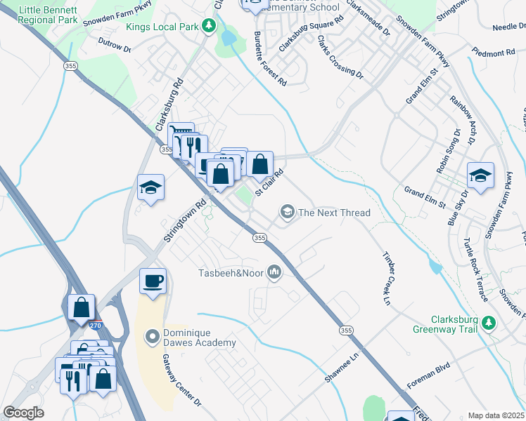 map of restaurants, bars, coffee shops, grocery stores, and more near 23161 Timber Creek Lane in Clarksburg