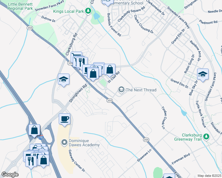 map of restaurants, bars, coffee shops, grocery stores, and more near 23161 Timber Creek Lane in Clarksburg