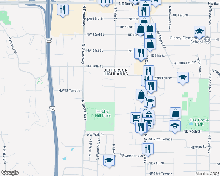 map of restaurants, bars, coffee shops, grocery stores, and more near 11 Northwest 78 Terrace in Kansas City