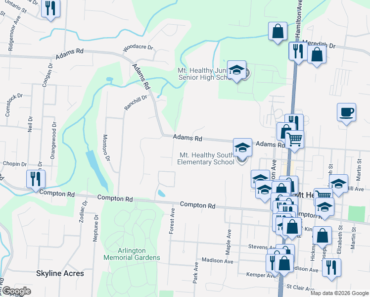 map of restaurants, bars, coffee shops, grocery stores, and more near 1977 Adams Road in Cincinnati