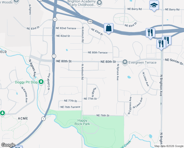 map of restaurants, bars, coffee shops, grocery stores, and more near 3911 Northeast 79th Terrace in Kansas City