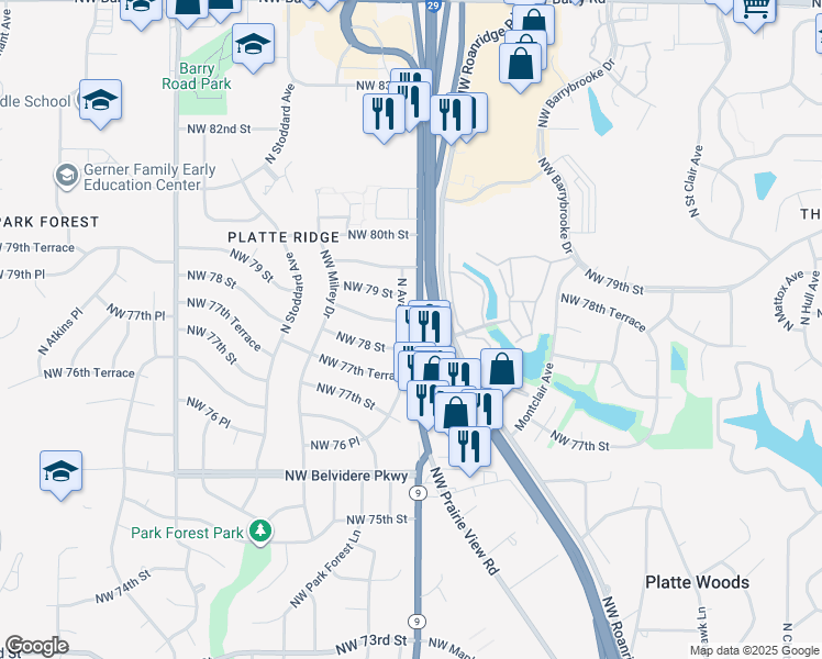 map of restaurants, bars, coffee shops, grocery stores, and more near 7811 North Avalon Street in Kansas City